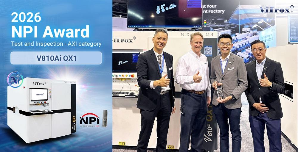 ViTrox representatives receiving the award from Mike Buetow, President of PCEA: (L-R)  Mr. Wee Kah Khim, CEO of Board Inspection & Embedded System (BIE); Mr. Lee Sung Way, R&D Director; and Mr. Seow Zi Yang, Senior Director of Business Development.